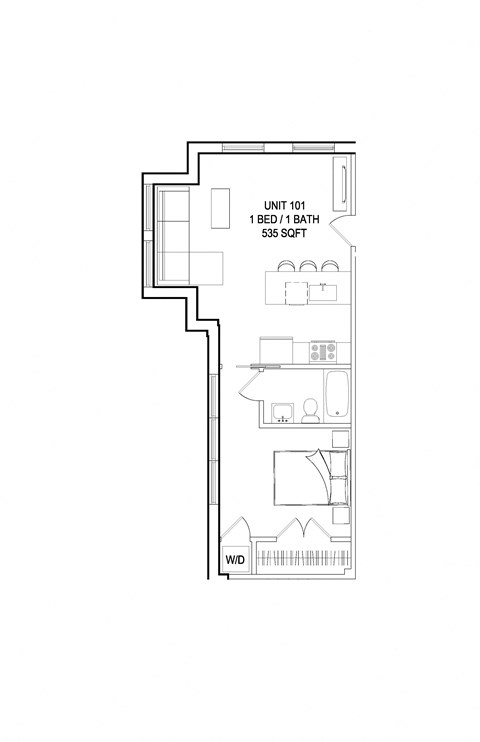 Floor plan for 1 bed, 1 bath, 586 sqft